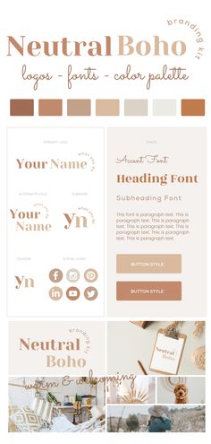 the website design for neutral boho, an elegant font and color palette that is perfect for