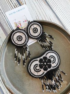 Bohemian Black Earrings With Silver Beads, Traditional Black Beaded Earrings For Festival, Adjustable Silver Beaded Earrings With Black Beads, Bohemian Beaded Jewelry, Silver Statement Jewelry, Beaded Stuff, Tassel Shoes, Native American Beaded Earrings, Native Beadwork