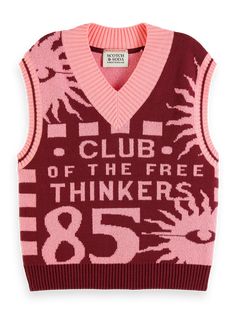 Bordeaux Hand Knitted Vest, Trendy Fitted Vest With Graphic Print, V-neck Sweater Vest For Winter Streetwear, Trendy Cotton Vest With Graphic Print, Trendy Crew Neck Vest With Graphic Print, Pink Jacquard Knit Tops, Trendy Graphic Print Vest For Spring, Casual Vest With Graphic Print For Fall, Casual Graphic Print Vest For Fall