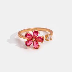 Red Crystal Dahlia Flower Ring - Beautiful Earth Boutique Cherry Blossom Ring, Dinosaur Ring, Mushroom Ring, Pink Emerald, Silver Flower Ring, Vintage Gold Rings, Sunflower Ring, White Opal Ring, Snake Ring Silver