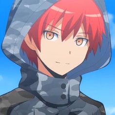 an anime character with red hair wearing a hoodie and looking at the camera while standing in front of a blue sky