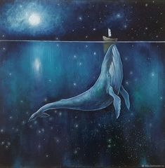 a painting of a whale swimming in the ocean