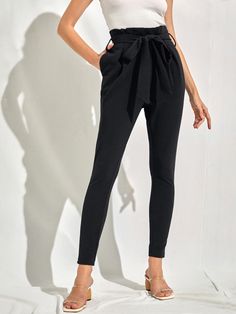 Black Elegant   Polyester Plain Skinny Embellished Slight Stretch Spring/Summer/Fall Women Bottoms Luxury Paperbag Waist Bottoms For Spring, Cheap Paperbag Waist Bottoms With Pockets, Luxury Paperbag Waist Pants For Women, Luxury Chic Paperbag Waist Bottoms, Affordable High-waist Black Dress Pants, Cheap High-waisted Black Pants, Cheap Paperbag Waist Bottoms For Workwear, Cheap Summer Paperbag Waist Bottoms, Cheap Summer Paperbag Waist Pants