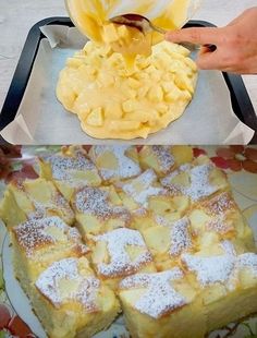 two pictures with different types of desserts on the same plate and one has powdered sugar