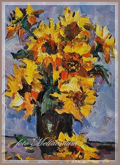 a painting of yellow flowers in a vase