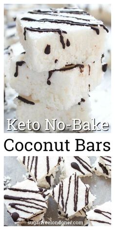 keto no - bake coconut bars stacked on top of each other