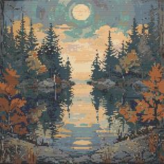 a cross stitch pattern with trees and water in the foreground is an image of a full moon