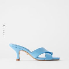 Zara Blue Sandals Summer Light Blue Low Heel Shoes, Light Blue High Heel Sandals For Summer, Light Blue High Heel Sandals With Padded Heel, High Heel Light Blue Sandals For Summer, Light Blue Leather Heels For Summer, Blue Leather Sandals With Low Heel, Blue Mules For Spring Party, Blue Leather Low Heel Sandals, Summer Vacation Blue Mules