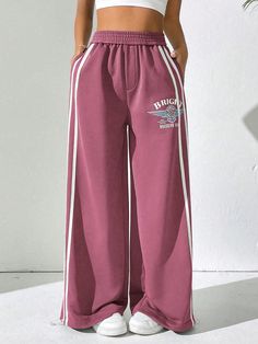 Women Letter Print Pocketed Elastic Waist Loose Casual Sweatpants Coral Pink    Knitted Fabric Colorblock,Letter,Striped Wide Leg Non-Stretch  Women Clothing, size features are:Bust: ,Length: ,Sleeve Length: Women’s Sweatpants, Sweatpants Colors, Colorful Sweatpants, Sweatpants Shein, Sweet Pants, Straight Sweatpants, Women Sweatpants, Cute Sweatpants, Chic Dress Classy