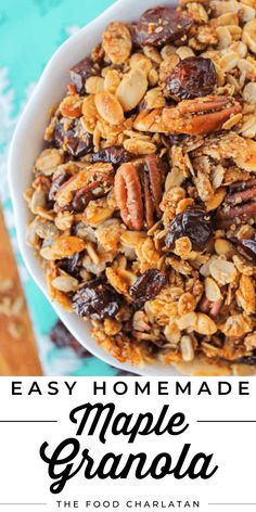 an easy homemade maple granola recipe with nuts and raisins