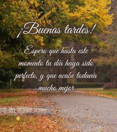 a road that has fallen leaves on it and the words, i buenas tardes