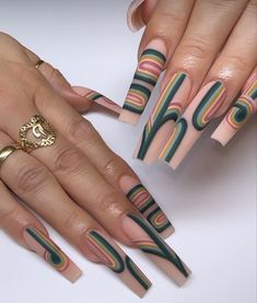 80s Nail Trends, Unique Long Nail Designs, Long Abstract Nails, Graphic Nail Designs, Abstract Acrylic Nails, Long Nail Art