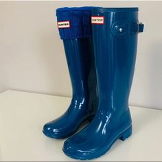 Brand New- Never Worn Hunter Blue Tall Rain Boots. Beautiful Deep Blue Size 7 Blue Waterproof Boots For Fall, Waterproof Blue Boots For Fall, Blue Waterproof Round Toe Boots, Waterproof Blue Boots With Round Toe, Blue Waterproof Boots With Round Toe, Winter Blue Boots Medium Width, Weatherproof Blue Rain Boots For Outdoor, Blue Ankle-high Winter Boots, Casual Blue Knee-high Boots