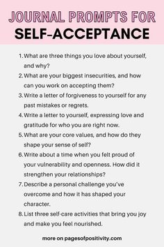 Embrace self-love with our curated journal prompts for self-acceptance! Explore your thoughts, feelings, and experiences to foster a positive relationship with yourself. Start your journey to self-acceptance with these insightful prompts. Positive Relationship, Relationship With Yourself, Journal Inspiration Writing, Losing 40 Pounds, Building Self Esteem