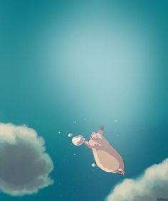 a pig floating in the sky with clouds around it and sun shining down on its back