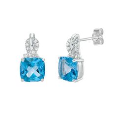 These gorgeous sterling silver blue topaz and diamond accent drop earrings are the perfect way to finish any outfit. These gorgeous sterling silver blue topaz and diamond accent drop earrings are the perfect way to finish any outfit. Length: 12 mm Backings: post Metal: sterling silver Plating: rhodium Finish: polished Packaging: boxedSTONE DETAILS Stone type: blue topaz Total weight: 2 1/3 ct. Center stone size: 7 mm x 7 mm Shape: cushion cut Setting: prongDIAMOND DETAILS Total weight: less than Blue Diamond Drop Earrings With Accents, White Gold Earrings With Blue Topaz And Diamond Accents, Blue Sterling Silver Diamond Earrings, Blue Diamond Earrings In Sterling Silver, Formal Blue Topaz Earrings With Diamond Accents, Classic Blue Topaz Earrings With Diamond Accents, Blue Diamond Earrings With Accents In Sterling Silver, Elegant Blue Diamond Sterling Silver Earrings, Elegant Blue Diamond Earrings In Sterling Silver