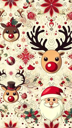 christmas wallpaper with reindeers and santa hats