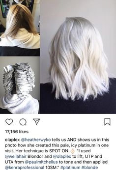 How To Get This Pale, Icy Blonde in One Visit Icy Blonde Hair Toner Formula, Short Icy Blonde Hair With Dark Roots, White Blonde Formula, Short Icy Blonde Hair, Pearl Blonde Hair, Toning Bleached Hair, Icy Blonde Hair Color, Icy Hair, Blonde Foils