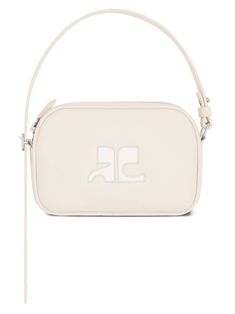 light beige calfskin embroidered logo to the front front zip-fastening pocket top zip fastening adjustable shoulder strap main compartment internal zip-fastening pocket Beige Leather Shoulder Bag With Logo, Leather Shoulder Bag With Embroidered Logo For Everyday Use, Everyday Leather Shoulder Bag With Embroidered Logo, Leather Shoulder Bag With Embroidered Logo For Travel, Cream Rectangular Shoulder Bag With Logo, Cream Rectangular Logo Shoulder Bag, Chic Leather Bags With Embroidered Logo, Luxury Leather Shoulder Bag With Embroidered Logo, Camera Logo