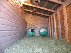 two hammocks are hanging from the ceiling in an enclosed area with hay on the floor