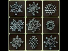 nine different designs drawn on black paper with white chalk and ink, all in the same pattern