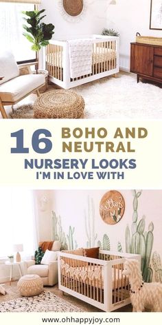 the nursery room is decorated in neutral colors and features an animal rug, crib bedding