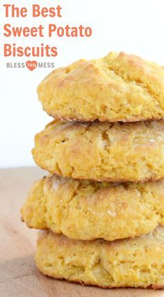 three biscuits stacked on top of each other with the words, the best sweet potato biscuits