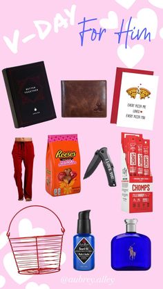 various items are arranged on a pink background with the words v - day for him