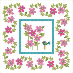 a square with pink flowers and green leaves on it, in the center is a blue border