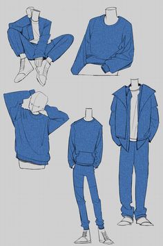 an image of men's clothing sketches in blue and white colors on a gray background