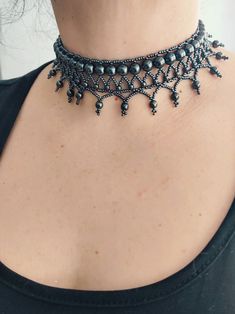 Cheap Handmade Choker With Round Beads, Black Beaded Choker, Handmade Gothic Body Jewelry For Party, Adjustable Beaded Gunmetal Jewelry, Adjustable Gunmetal Beaded Jewelry, Handmade Black Punk Choker, Handmade Punk Black Choker, Bohemian Black Necklace For Halloween, Handmade Black Choker For Halloween