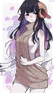 an anime character with long hair and horns on her head, wearing a brown dress