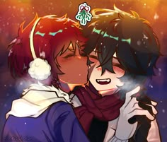 two people are kissing in front of an orange and purple background with snow flakes