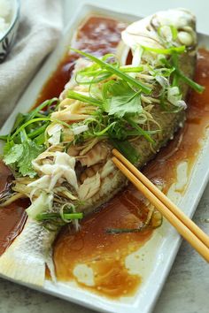 Chinese style steamed fish served with a bowl of rice. Sweet And Sour Pork Recipe, Chinese Steamed Fish, Shrimp With Lobster Sauce, Steamed Fish Recipes, Steam Fish, Lobster Sauce, Rasa Malaysia, Authentic Chinese Recipes, Steamed Fish