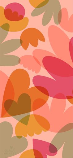 an abstract background with hearts and leaves in pink, orange, red, yellow and green colors