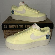 Nike Blazer Low Platform Next Nature Flower Power 2022 Size: 8.5 Brand New With Og Box Elevate Your Shoe Game With These Stylish Nike Blazer Low Sneakers In Yellow Color. Designed For Women, These Shoes Feature A Low-Top Shoe Shaft Style And A Platform Sole For The Perfect Combination Of Comfort And Fashion. The Next Nature Flower Power 2022 Design Is Sure To Make A Statement, With The Nike Blazer Product Line Ensuring Top-Notch Quality. The Shoes Come In A Brand New Condition With The Box, And Yellow Sneakers For Spring Streetwear, Nike Spring Sneakers With Round Toe, Neon Yellow Lace-up Sneakers For Spring, New Nike Sneakers, Teal Sneakers, Air Max 90 Women, 2022 Design, Nike Blazer Low, Nike Air Vapormax Plus