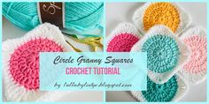 the crochet granny square is shown in three different colors and has been made with yarn