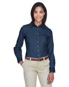 Ladies' 6.5 oz. Long-Sleeve Denim Shirt - DARK DENIM - M | Harriton Women's 6.5 oz. Long-Sleeve Denim Shirt in Dark Size Medium Denim Flats, Blue Denim Shirt, Long Sleeve Denim Shirt, Dress Shirts For Women, Light Wash Denim, Light Denim, Office Outfits, Dark Denim, Twill Tape