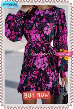 Autumn Bouquet Floral Wrap Mini Dress Spring Purple Floral Dress, Spring Purple Floral Mini Dress, Spring Purple Floral Print Mini Dress, Purple Floral Print Mini Dress For Spring, Feminine Purple Floral Dress, Purple Floral Dress For Party, Pink Floral Mini Dress For Fall, Pink Long Sleeve Floral Print Dress, Purple Long Sleeve Midi Dress With Floral Print