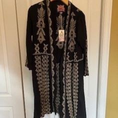 Johnny Was Duster Nwt Size S Black Bohemian Long Outerwear, Chic Embroidered Black Outerwear, Chic Black Embroidered Outerwear, Black Long Embroidered Outerwear, Long Black Embroidered Outerwear, Elegant Black Embroidered Cardigan, Johnny Was Kimono, Sweater Coat, Johnny Was