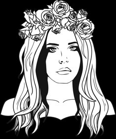 a woman with long hair wearing a flower crown on her head, black and white