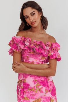 Memoire Off-Shoulder Textured Mini Dress Pink Off-shoulder Ruffled Prom Dress, Floral Print Mini Dress For Homecoming, Strapless Off Shoulder Dress With Floral Print For Party, Glamorous Off-shoulder Mini Dress With Ruffles, Off-shoulder Floral Print Mini Dress For Night Out, Senior Dresses, Homecoming Inspo, Homecoming 2024, Hoco Ideas