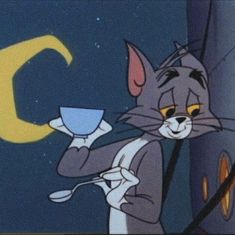 a cartoon cat holding a cup and spoon