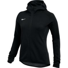 Nike Women's Showtime Full Zip Hoodie. Lightweight travel jacket. -Contoured hood. - Side pockets - Soft fleece. Dri-FIT technology wicks sweat. Polyester/cotton blend. Nike Hoodies For Women, Nike Fleece Hoodie, Nike Air Hoodie, Nike Coat, Nike Tech Fleece Hoodie, Nike Running Jacket, Vintage Nike Jacket, Graphic Jackets, Basketball Hoodie