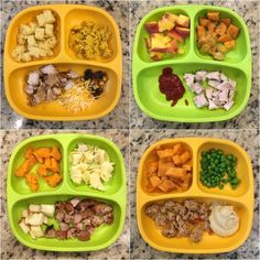 four trays filled with different types of food on top of a marble countertop