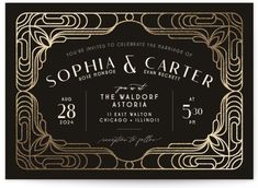 a black and gold wedding card with an art deco design