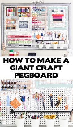 the pegboard is organized with scissors and other crafting supplies to make a giant magnet board