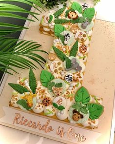 there is a cake decorated with animals and plants on the number one birthday card that says, ricardo is one