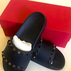 Great Condition Never Worn Designer Black Sandals With Red Sole, Chic Black Sandals With Studs, Valentino Rockstud Sandals, Valentino Sandals, Rope Sandals, Yellow Sandals, Rainbow Sandals, Valentino Garavani Shoes, Caged Sandals