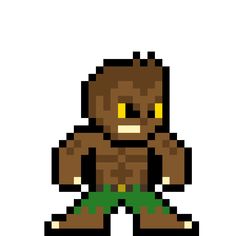 a pixel art image of a bigfoot with yellow eyes and green shorts, standing in front of a white background